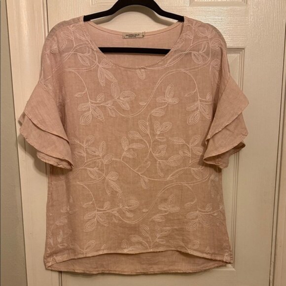 Elegant Floral Soft Pink Blouse 100% Linen #94 - Picture 1 of 8